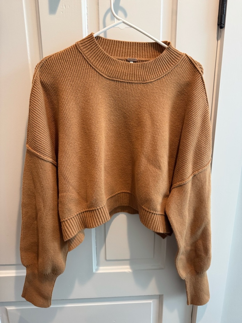 Free People Cropped Crewneck Sweater in Camel
